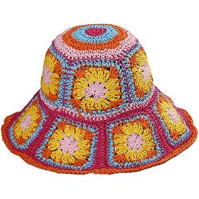 Women's Straw Sun Hat Floral Woven Bucket Hat Fishing Hat Beach Hat Hand Woven Foldable Cap (Color: Bucket Lightblue)